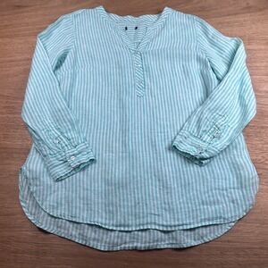 100% Linen Aqua White Stripe Popover Blouse Roll Tab Long Sleeve Medium